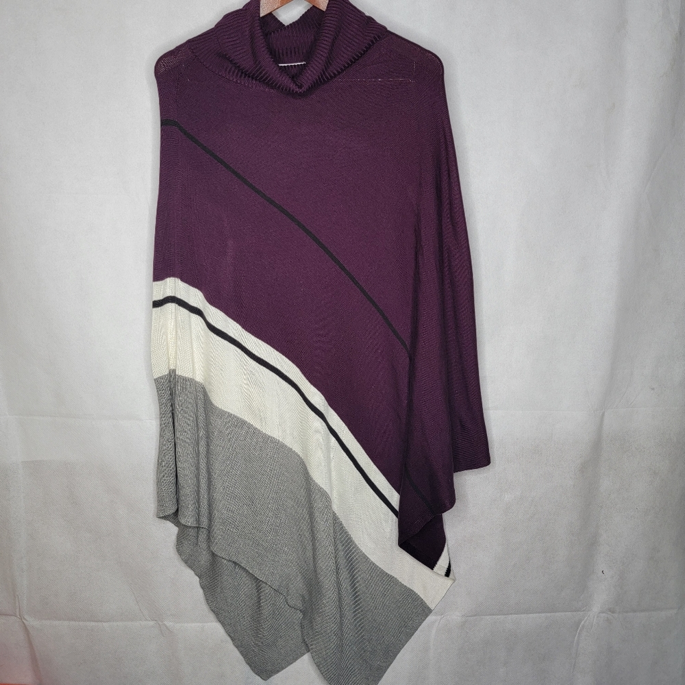 Calvin Klein Poncho Sweater Purple Gray Colorblock Cowl Neck Long Line L/X